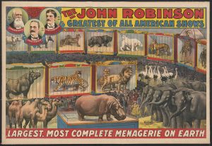 Circus poster features name of circus and caged and free "exotic" animals (lions, tigers, elephants, etc) representing their "menagerie".