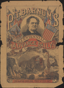 Cover image from P. T. Barnum's Centennial Advanced Daily, a newspaper-style advertisement Barnum distributed before